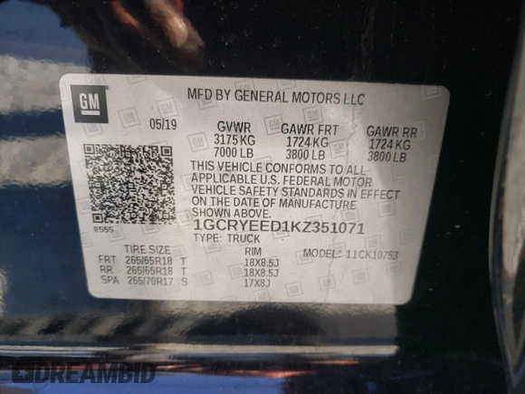 2019 Chevrolet Silverado 1500 RST with VIN 1GCRYEED1KZ351071, listed as a Copart auction lot 82500904 with 24,936 mi miles and Salvage Title. Bid and sale history available at DreamBid. Image 14.