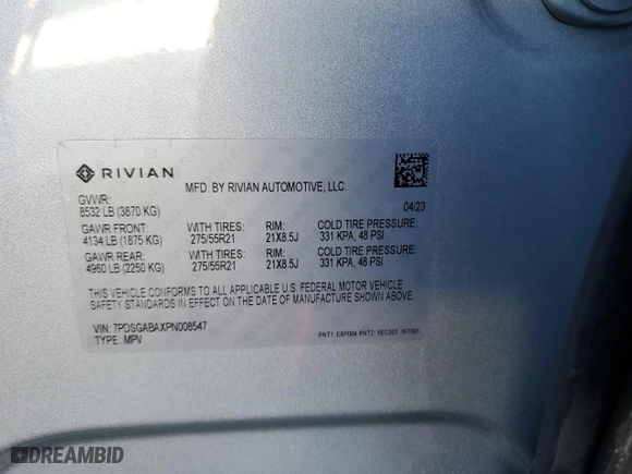 2023 Rivian R1S Adventure with VIN 7PDSGABAXPN008547, listed as a Copart auction lot 89061955 with 24,454 mi miles and Salvage Title. Bid and sale history available at carsss.com. Image 13.