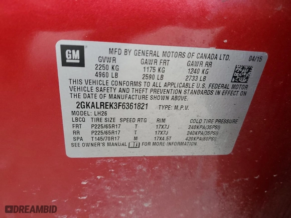 2015 GMC Terrain SLE with VIN 2GKALREK3F6361821, listed as a Copart auction lot 50751505 with 0 mi miles and Salvage Title. Bid and sale history available at carsss.com. Image 14.