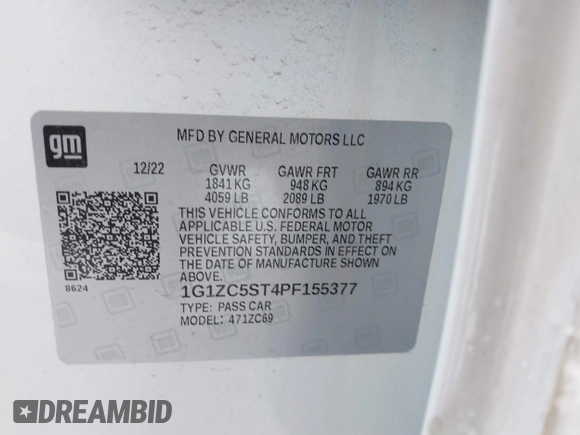 2023 Chevrolet Malibu LS with VIN 1G1ZC5ST4PF155377, listed as a IAAI auction lot 41552751 with 106,265 mi miles and . Bid and sale history available at DreamBid. Image 9.