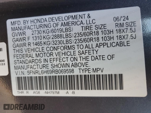 2024 Honda Odyssey EX-L with VIN 5FNRL6H69RB069598, listed as a Copart auction lot 81798314 with Not Provided miles and Salvage Title. Bid and sale history available at DreamBid. Image 15.