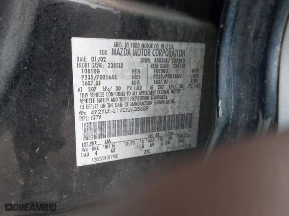 2002 Mazda Tribute LX with VIN 4F2YU08192KM35689, listed as a IAAI auction lot 41356009 with 217,866 mi miles. Bid and sale history available at carsss.com. Image 9.