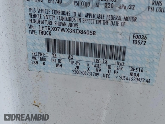 2003 Ford F-150 XL with VIN 1FTRX07WX3KD86058, listed as a IAAI auction lot 42502946 with Not provided miles and . Bid and sale history available at DreamBid. Image 9.