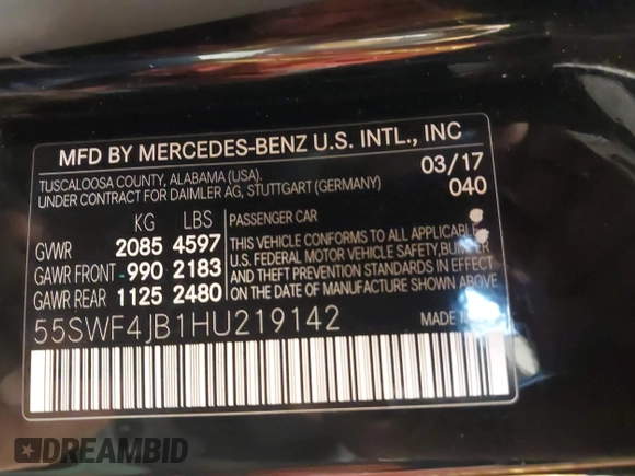 2017 Mercedes-Benz C C 300 with VIN 55SWF4JB1HU219142, listed as a IAAI auction lot 41378244 with 85,799 mi miles. Bid and sale history available at carsss.com. Image 9.