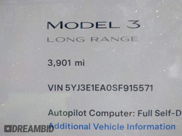 2025 Tesla Model 3 Long Range z VIN 5YJ3E1EA0SF915571, wystawiony jako IAAI lot #42247609 z przebiegiem 3 901 mil mil oraz . Historia ofert i sprzedaży dostępna na DreamBid. Obrazek 16.