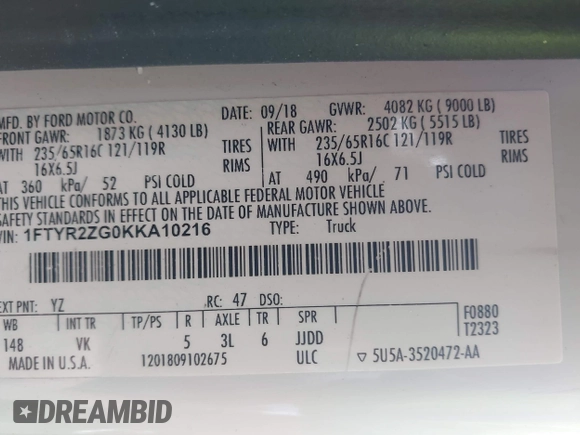 2019 Ford Transit with VIN 1FTYR2ZG0KKA10216, listed as a IAAI auction lot 42178300 with 187,096 mi miles and . Bid and sale history available at DreamBid. Image 9.