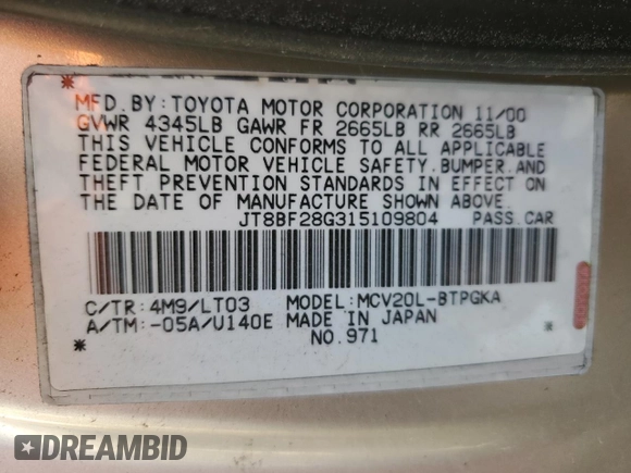 2001 Lexus ES 300 with VIN JT8BF28G315109804, listed as a Copart auction lot 52262725 with 148,231 mi miles and Salvage Title. Bid and sale history available at carsss.com. Image 12.
