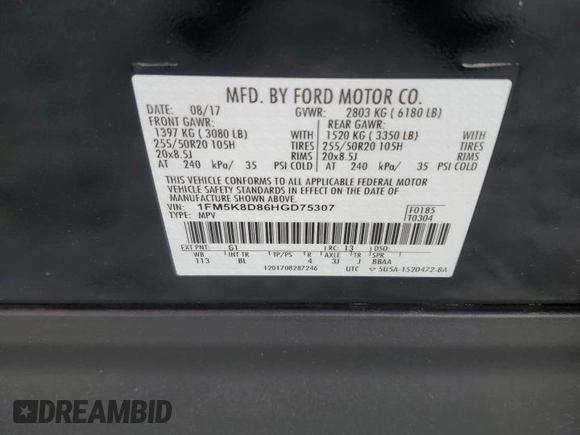 2017 Ford Explorer XLT z VIN 1FM5K8D86HGD75307, wystawiony jako Copart lot #55724885 z przebiegiem Nie podano mil oraz Szkoda całkowita • Salvage title. Historia ofert i sprzedaży dostępna na DreamBid. Obrazek 14.