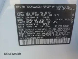 2024 Volkswagen Atlas SE with VIN 1V2DE2CA0RC244941, listed as a Copart auction lot 78818354 with 410 mi miles and Salvage title. Bid and sale history available at DreamBid. Image 13.