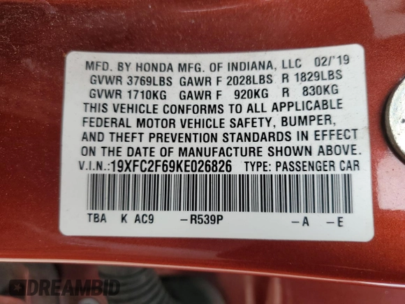 2019 Honda Civic Sedan LX with VIN 19XFC2F69KE026826, listed as a Copart auction lot 46925745 with 112,561 mi miles and Salvage Title. Bid and sale history available at carsss.com. Image 12.