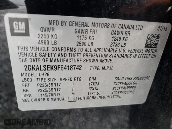 2015 GMC Terrain SLT z VIN 2GKALSEK9F6418742, wystawiony jako Copart lot #81772904 z przebiegiem 80 950 mil mil oraz Szkoda całkowita • Salvage title. Historia ofert i sprzedaży dostępna na DreamBid. Obrazek 15.