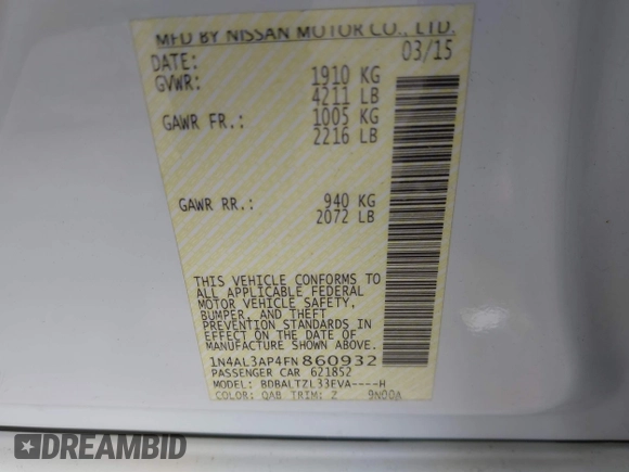 2015 Nissan Altima S with VIN 1N4AL3AP4FN860932, listed as a IAAI auction lot 42088842 with 138,119 mi miles and . Bid and sale history available at DreamBid. Image 9.