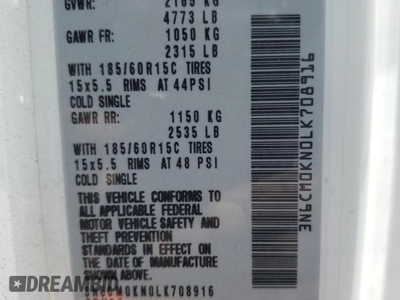 2020 Nissan NV200 S z VIN 3N6CM0KN0LK708916, wystawiony jako Copart lot #51534815 z przebiegiem 72 689 mil mil oraz Nie do naprawy • Non repairable. Historia ofert i sprzedaży dostępna na DreamBid. Obrazek 13.