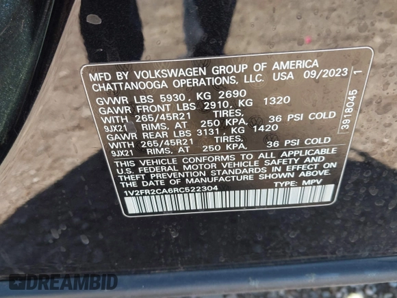 2024 Volkswagen Atlas SEL Premium R-Line с VIN 1V2FR2CA6RC522304, выставлен на аукционе IAAI как лот 41738078 с пробегом 24 626 миль миль и . История ставок и продаж доступна на DreamBid. Изображение 9.