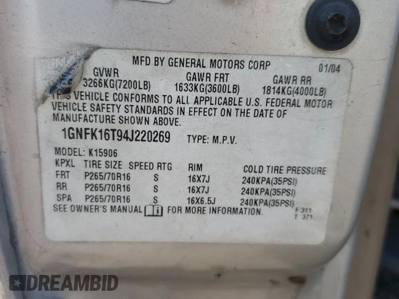2004 Chevrolet Suburban LT z VIN 1GNFK16T94J220269, wystawiony jako Copart lot #55427185 z przebiegiem Nie podano mil oraz Szkoda całkowita • Salvage title. Historia ofert i sprzedaży dostępna na DreamBid. Obrazek 13.