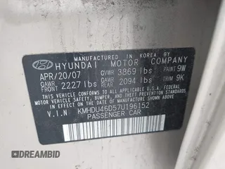 2007 Hyundai Elantra GLS z VIN KMHDU46D57U196152, wystawiony jako IAAI lot #42016255 z przebiegiem 114 553 mil mil oraz . Historia ofert i sprzedaży dostępna na DreamBid. Obrazek 9.
