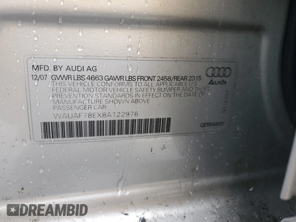 2008 Audi A4 2.0T with VIN WAUAF78EX8A122976, listed as a Copart auction lot 47890525 with 102,331 mi miles and Salvage title. Bid and sale history available at DreamBid. Image 12.