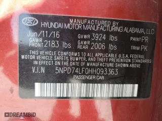 2017 Hyundai Elantra SE with VIN 5NPD74LF0HH093363, listed as a Copart auction lot 50181985 with 134,011 mi miles and Salvage Title. Bid and sale history available at carsss.com. Image 14.
