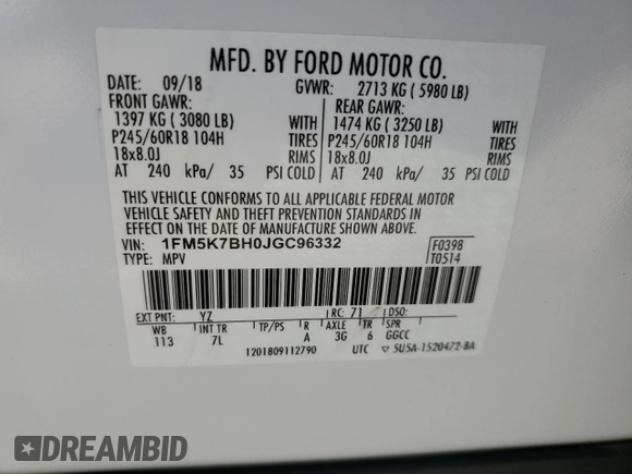 2018 Ford Explorer z VIN 1FM5K7BH0JGC96332, wystawiony jako Copart lot #54105775 z przebiegiem 92 873 mil mil oraz Szkoda całkowita • Salvage title. Historia ofert i sprzedaży dostępna na DreamBid. Obrazek 13.