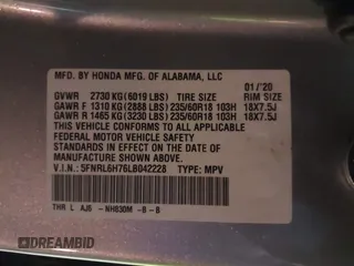 2020 Honda Odyssey EX-L with VIN 5FNRL6H76LB042228, listed as a IAAI auction lot 41535294 with 82,063 mi miles. Bid and sale history available at carsss.com. Image 9.