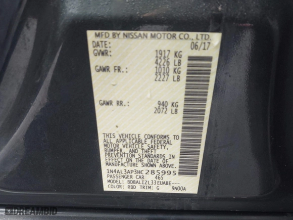 2017 Nissan Altima 2.5 SV with VIN 1N4AL3AP3HC285995, listed as a IAAI auction lot 41690752 with 107,067 mi miles. Bid and sale history available at carsss.com. Image 9.