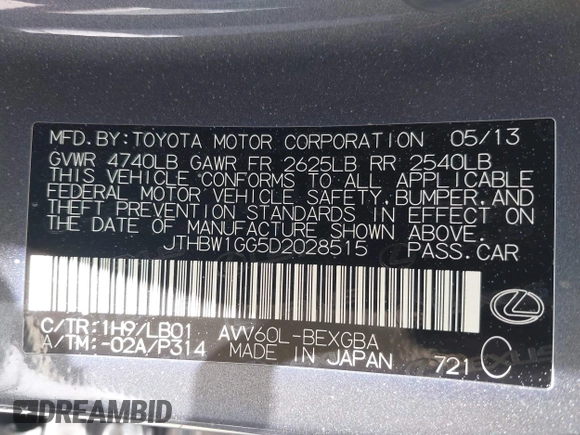 2013 Lexus ES 300h with VIN JTHBW1GG5D2028515, listed as a IAAI auction lot 42374768 with 107,737 mi miles and . Bid and sale history available at DreamBid. Image 9.