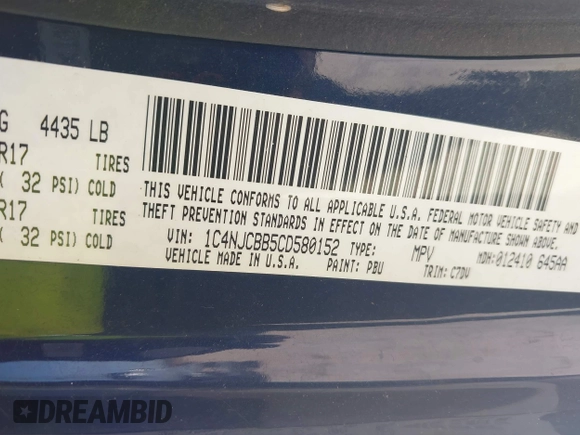 2012 Jeep Compass Sport with VIN 1C4NJCBB5CD580152, listed as a IAAI auction lot 41771142 with 126,229 mi miles. Bid and sale history available at carsss.com. Image 9.