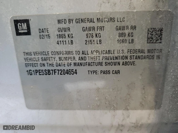 2015 Chevrolet Cruze LT with VIN 1G1PE5SB7F7204654, listed as a Copart auction lot 48745845 with 132,613 mi miles and Salvage Title. Bid and sale history available at carsss.com. Image 13.