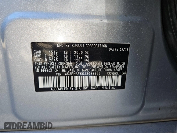 2018 Subaru Legacy Premium with VIN 4S3BNAF66J3033922, listed as a IAAI auction lot 42610438 with 39,267 mi miles and . Bid and sale history available at DreamBid. Image 4.