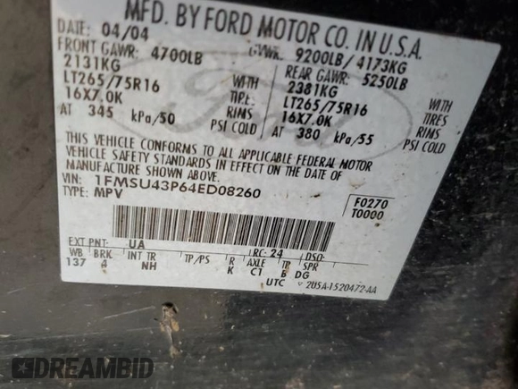 2004 Ford Excursion Limited with VIN 1FMSU43P64ED08260, listed as a Copart auction lot 43827475 with Not Provided miles and Salvage Title. Bid and sale history available at DreamBid. Image 13.