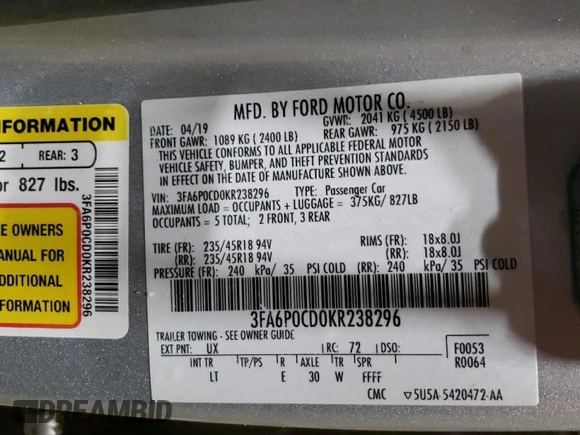2019 Ford Fusion SEL with VIN 3FA6P0CD0KR238296, listed as a Copart auction lot 51535075 with 110,992 mi miles and Clean Title. Bid and sale history available at carsss.com. Image 12.