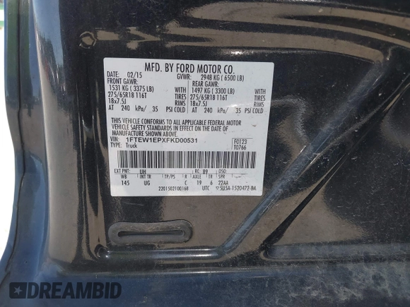 2015 Ford F-150 XLT with VIN 1FTEW1EPXFKD00531, listed as a IAAI auction lot 42321120 with 144,500 mi miles and . Bid and sale history available at DreamBid. Image 9.