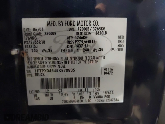 2005 Ford F-150 XLT z VIN 1FTPX04545KE70835, wystawiony jako IAAI lot #41980533 z przebiegiem 213 054 mil mil oraz . Historia ofert i sprzedaży dostępna na DreamBid. Obrazek 9.