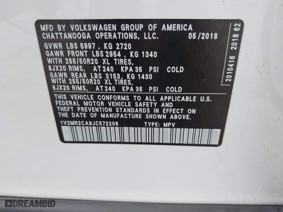 2018 Volkswagen Atlas 3.6L V6 SEL with VIN 1V2MR2CA9JC572206, listed as a IAAI auction lot 41995114 with 64,324 mi miles. Bid and sale history available at carsss.com. Image 9.