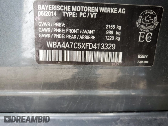 2015 BMW 4 Series 428i xDrive with VIN WBA4A7C5XFD413329, listed as a Copart auction lot 56034905 with 167,816 mi miles and Clean title. Bid and sale history available at DreamBid. Image 12.