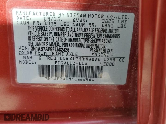 2015 Nissan Sentra SV with VIN 3N1AB7AP9FL682426, listed as a Copart auction lot 49405085 with 121,075 mi miles and Salvage Title. Bid and sale history available at DreamBid. Image 12.