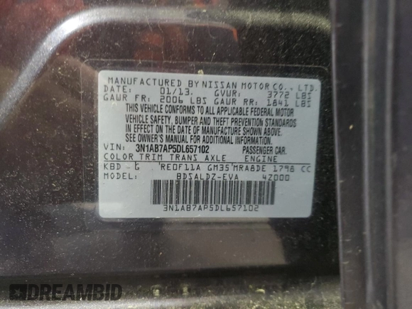 2013 Nissan Sentra FE+ S with VIN 3N1AB7AP5DL657102, listed as a Copart auction lot 54579015 with 122,419 mi miles and Salvage Title. Bid and sale history available at DreamBid. Image 12.