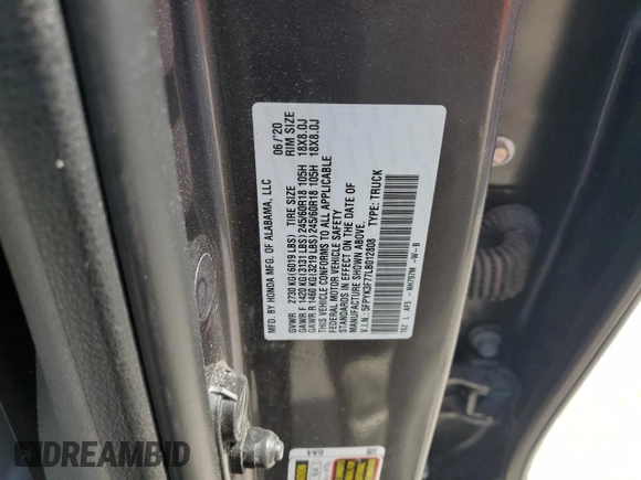 2020 Honda Ridgeline RTL-E with VIN 5FPYK3F77LB012808, listed as a Copart auction lot 60014575 with 85,280 mi miles and Salvage title. Bid and sale history available at DreamBid. Image 12.
