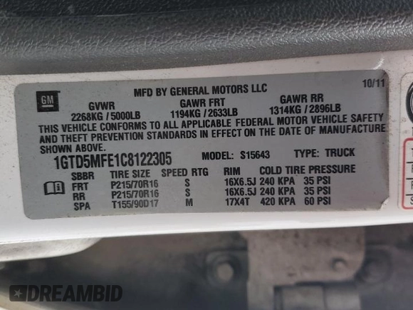 2012 GMC Canyon SLE1 with VIN 1GTD5MFE1C8122305, listed as a Copart auction lot 42925195 with 167,462 mi miles and Salvage Title. Bid and sale history available at carsss.com. Image 12.