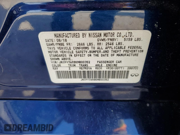 2019 Infiniti Q50 Red Sport 400 с VIN JN1FV7AR8KM800352, выставлен на аукционе Copart как лот 53379175 с пробегом 126 994 миль миль и Списание • Salvage title. История ставок и продаж доступна на DreamBid. Изображение 12.