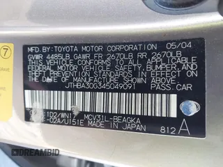 2004 Lexus ES 350 with VIN JTHBA30G345049091, listed as a IAAI auction lot 41819423 with Not provided miles and . Bid and sale history available at DreamBid. Image 9.