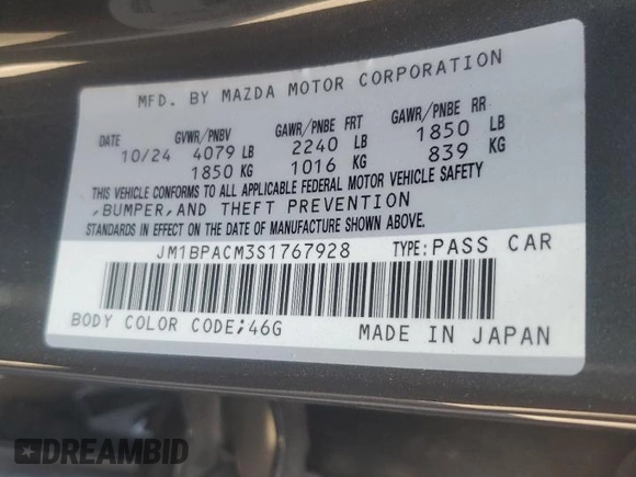 2025 Mazda 3 S Preferred with VIN JM1BPACM3S1767928, listed as a Copart auction lot 64097255 with 6,198 mi miles and Salvage title. Bid and sale history available at DreamBid. Image 13.
