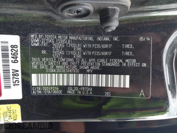 2014 Toyota Sienna LE AAS with VIN 5TDKK3DC0ES487830, listed as a IAAI auction lot 42216342 with 155,973 mi miles and . Bid and sale history available at carsss.com. Image 9.