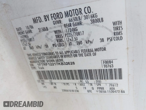 2007 Ford F-150 XL with VIN 1FTRF12217KB32628, listed as a IAAI auction lot 42328856 with 421,422 mi miles and . Bid and sale history available at DreamBid. Image 9.
