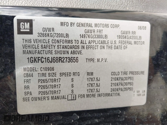 2008 GMC Yukon XL SLT 4SB with VIN 1GKFC16J68R273656, listed as a IAAI auction lot 42388264 with 231,044 mi miles and . Bid and sale history available at DreamBid. Image 9.