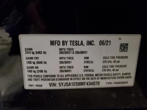 2021 Tesla Model S Long Range z VIN 5YJSA1E59MF434070, wystawiony jako Copart lot #44075475 z przebiegiem 67 767 mil mil oraz Szkoda całkowita • Salvage title. Historia ofert i sprzedaży dostępna na DreamBid. Obrazek 13.