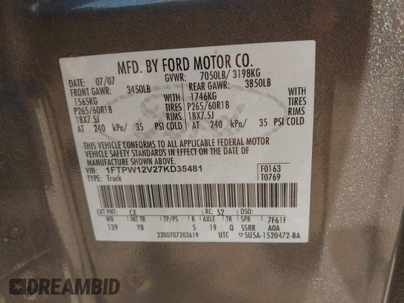 2007 Ford F-150 XLT с VIN 1FTPW12V27KD35481, выставлен на аукционе IAAI как лот 42530306 с пробегом 230 457 миль миль и . История ставок и продаж доступна на DreamBid. Изображение 9.