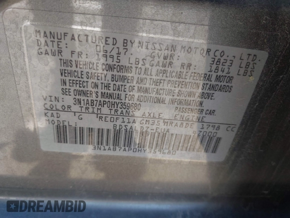 2017 Nissan Sentra S z VIN 3N1AB7AP0HY359680, wystawiony jako IAAI lot #42320581 z przebiegiem 120 244 mil mil oraz . Historia ofert i sprzedaży dostępna na DreamBid. Obrazek 9.