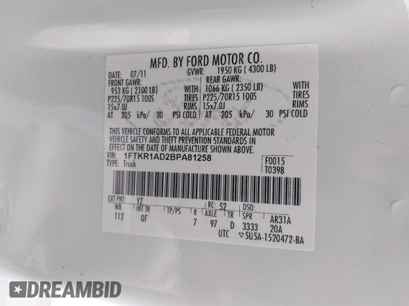 2011 Ford Ranger XL with VIN 1FTKR1AD2BPA81258, listed as a IAAI auction lot 42140385 with 168,124 mi miles. Bid and sale history available at carsss.com. Image 9.