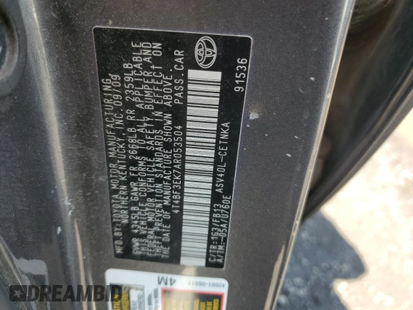 2010 Toyota Camry with VIN 4T4BF3EK7AR053504, listed as a Copart auction lot 55727205 with 255,370 mi miles and Salvage Title. Bid and sale history available at DreamBid. Image 12.